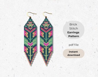 Neon Ethnic Brick Stitch Earring Pattern, Colorful Seed Bead Pattern, Unique Brickstitch Pattern, Beading Pattern, Beadwork Digital Download