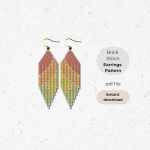 May include: A pair of beaded earrings in a geometric design. The earrings feature a color gradient from peach to yellow to green. The text on the right says "Brick Stitch Earrings Pattern" and "pdf file instant download".