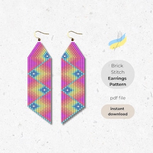 May include: A pair of beaded earrings in a brick stitch pattern. The earrings feature a geometric design with pink, yellow, and blue beads. The text on the image says "Brick Stitch Earrings Pattern" and "pdf file instant download".