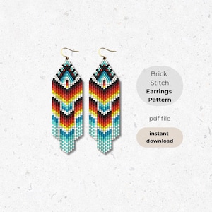 May include: Two beaded earrings with a geometric pattern in shades of turquoise, orange, yellow, and black. The earrings have a brick stitch design and gold-colored ear wires. The image also includes text that says "Brick Stitch Earrings Pattern" and "pdf file".