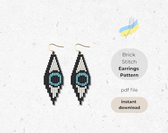 May include: A pair of black, white, and teal beaded earrings in a diamond shape, featuring an eye design. The earrings hang from gold-colored hooks. The image also includes text that says "Brick Stitch Earrings Pattern" and "pdf file instant download."
