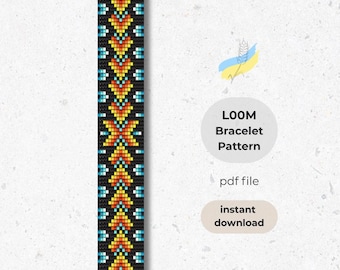 May include: A loom bracelet pattern in a digital PDF file. The bracelet design features a geometric pattern with orange, yellow, and turquoise accents on a black background. The text on the image reads "LOOM Bracelet Pattern, pdf file, instant download."