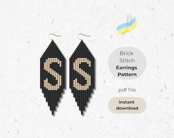 May include: Black beaded earrings with a diamond shape, featuring the letters "SS" in a tan color. The earrings have gold-colored hooks. The image also includes text that says "Brick Stitch Earrings Pattern" and "instant download".