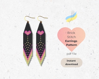Heart Brick Stitch Earrings Pattern, Valentine's Day Seed Bead Pattern, Love Fringe Earrings, Colourful Beading Pattern, Brickstitch Pattern
