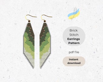 May include: Two beaded earrings with a brick stitch pattern. The earrings feature a geometric design with shades of green, white, and brown. The earrings have gold-colored hooks. The image also includes text that says "Brick Stitch Earrings Pattern" and "instant download."