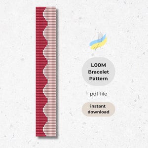 May include: A loom bracelet pattern in a pdf file, with a red and beige wavy design. The text on the image reads "LOOM Bracelet Pattern pdf file instant download". The bracelet design is vertical.