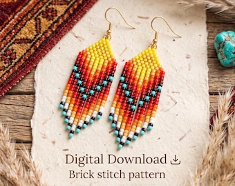 May include: A pair of beaded fringe earrings featuring a gradient pattern of yellow, orange, red, and turquoise beads with gold-tone hooks. The text Digital Download Brick stitch pattern is printed below the earrings on the textured paper.