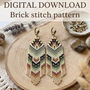 May include: A pair of beaded earrings with a geometric pattern in shades of beige, black, green, and brown. The earrings are displayed on a wooden slice with the text "DIGITAL DOWNLOAD Brick stitch pattern".