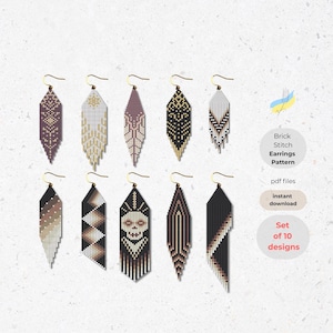 May include: A set of ten beaded earrings in various geometric and skull designs. The earrings feature gold-colored hooks and are in shades of brown, black, white, and gold. The image includes text that says "Brick Stitch Earrings Pattern" and "Set of 10 designs."