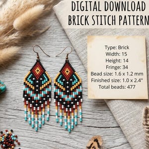 May include: A pair of beaded earrings with a brick stitch pattern, featuring a geometric design in black, red, turquoise, and white. The earrings have a fringe and are displayed with craft supplies and text that reads "DIGITAL DOWNLOAD BRICK STITCH PATTERN".
