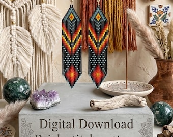May include: A pair of beaded earrings with a geometric design in black, red, yellow, and blue. The earrings are displayed on a gold bar, with the text "Digital Download Brick stitch pattern" on a concrete block.