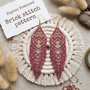 Mönster med boho örhängen med tegelstygn och pärlor, långa fransar (digital nedladdning)