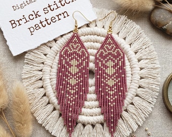 May include: A pair of handmade beaded earrings in a brick stitch pattern. The earrings are primarily burgundy with cream-colored accents, featuring a geometric design. The text "Digital Download Brick stitch pattern" is on a white card.