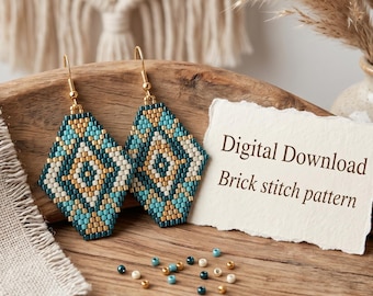 May include: Diamond-shaped beaded earrings with gold-colored hooks. The earrings feature a geometric pattern in teal, gold, and white beads. The image includes the text "Digital Download Brick stitch pattern".