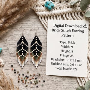 May include: A pair of diamond-shaped brick stitch earrings featuring a geometric pattern in black, olive green, tan, and white beads. A white card displays the text: Digital Download: Brick Stitch Earring Pattern, Type: Brick, Width: 9, Height: 8, Fringe: 25, Bead size: 1.6 x 1.2 mm, Finished size: 0.6 x 1.6", Total beads: 229.