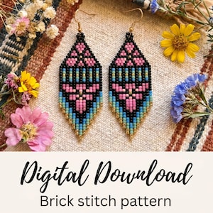 May include: A pair of diamond-shaped earrings crafted with small beads in a geometric pattern of black, pink, and light blue. The earrings feature gold-toned metal hooks for hanging. The text Digital Download Brick stitch pattern is visible.