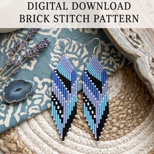 May include: A pair of long, diamond-shaped beaded earrings featuring a geometric brick stitch pattern in shades of light purple, blue, and black. The text DIGITAL DOWNLOAD BRICK STITCH PATTERN is displayed at the top of the image.