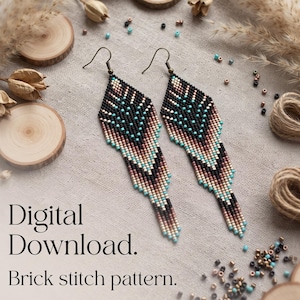 May include: A pair of long, diamond-shaped beaded earrings featuring a geometric pattern in black, turquoise, and tan. The earrings hang from metal hooks. The text Digital Download. Brick stitch pattern. is printed on the left side.