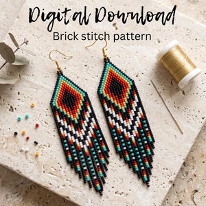 May include: A pair of long, diamond-shaped beaded earrings featuring a geometric pattern in black, red, orange, white, and turquoise. The earrings have gold-tone hooks and fringe at the bottom. Text reads: Digital Download Brick stitch pattern.
