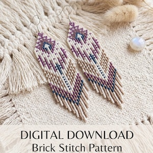 May include: A pair of beaded earrings in a brick stitch pattern, featuring a geometric design in shades of purple, white, tan, and navy blue. The earrings are displayed on a cream-colored textured surface. The text "DIGITAL DOWNLOAD Brick Stitch Pattern" is at the bottom.