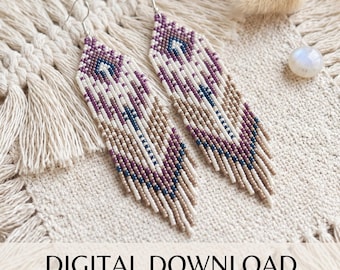May include: A pair of beaded earrings in a brick stitch pattern, featuring a geometric design in shades of purple, white, tan, and navy blue. The earrings are displayed on a cream-colored textured surface. The text "DIGITAL DOWNLOAD Brick Stitch Pattern" is at the bottom.