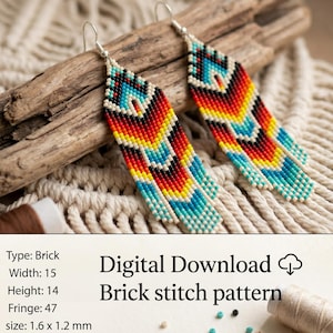 May include: A pair of beaded earrings with a colorful, geometric design. The earrings feature a brick stitch pattern with a combination of red, yellow, blue, and black beads. The text "Digital Download Brick stitch pattern" is also visible.