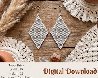 May include: A pair of diamond-shaped earrings crafted with white and silver beads in a brick stitch pattern. The text reads: Type: Brick, Width: 15, Height: 29, Bead size: 1.6 x 1.2 mm, Finished size: 1.0 x 1.4 inches, Total beads: 225. Digital Download Brick stitch pattern.
