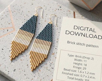 Brick Stitch Earring Pattern, Blue Yellow Seed Bead Pattern, Geometric Fringe Earring, Beading Pattern, Brickstitch Pattern,Digital Download