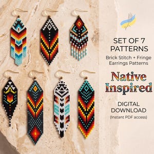 Native Brick Stitch Earring Patterns, Set of 7 Designs, Unique Fringe Seed Bead Pattern, Digital PDF Download, Beading Pattern, Beadwork DIY