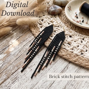 May include: A pair of long, dangling earrings crafted with black, white, and metallic copper seed beads in a geometric fringe design. The text Digital Download and Brick stitch pattern are visible. The earrings feature gold-toned ear wires.