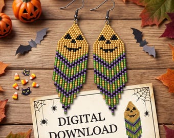 Halloween Jack-o'-lantern Brick Stich Ohrringe Muster (PDF), Fransen Perlen-Design