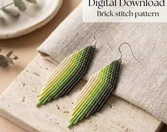 May include: A pair of long, leaf-shaped beaded earrings featuring a gradient color pattern transitioning from cream to light green, lime, and dark forest green. The text Digital Download Brick stitch pattern is visible in the upper right.