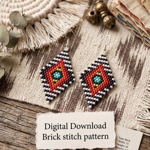 May include: A pair of diamond-shaped beaded earrings featuring a geometric pattern in red, orange, yellow, turquoise, black, and white. A paper note displays the text Digital Download Brick stitch pattern with dimensions of 1.0 by 1.4 inches.