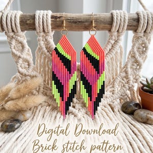 May include: A pair of long, diamond-shaped beaded earrings featuring a geometric chevron pattern in neon orange, lime green, black, and magenta. The earrings hang from gold-tone metal hooks and display the text Digital Download Brick stitch pattern.