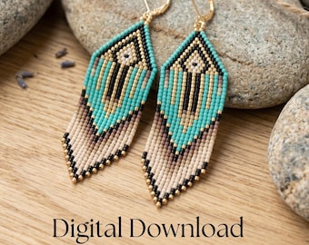 May include: A pair of beaded earrings with a geometric design. The earrings feature turquoise, black, gold, and beige beads, with a fringe at the bottom. The earrings are displayed on a wooden surface with lavender sprigs and stones. Text on the image reads "Digital Download Brick stitch pattern."