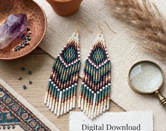 May include: A pair of handmade beaded earrings in a brick stitch pattern. The earrings feature a geometric design with teal, purple, white, and gold beads. The image also includes a succulent, a copper bowl, and a magnifying glass.
