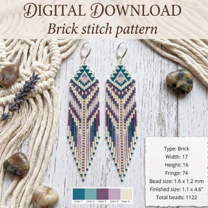 May include: Digital download of a brick stitch pattern for earrings. The earrings are shown in the image, featuring a geometric design in teal, purple, and cream colors. The finished size is 1.1 x 4.6 inches.