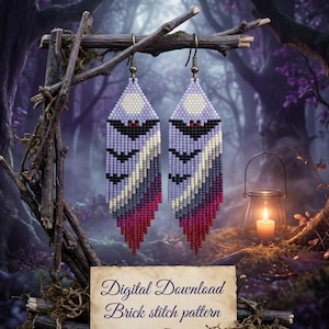 May include: A pair of long, diamond-shaped beaded earrings featuring a gradient pattern of light purple, grey, and dark red, with black bat silhouettes and a white moon. The text Digital Download Brick stitch pattern is printed below.