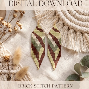 May include: A pair of long, diamond-shaped beaded earrings featuring a chevron pattern in shades of sage green, cream, and dark brown. The earrings hang from gold-toned metal hooks. The text DIGITAL DOWNLOAD and BRICK STITCH PATTERN is visible.