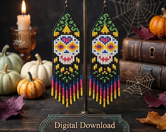 May include: A pair of beaded earrings featuring a sugar skull design. The earrings are black with colorful accents, including yellow, pink, blue, and green. The sugar skull has a white face with yellow eyes and a pink heart. The earrings are displayed on a metal stand.