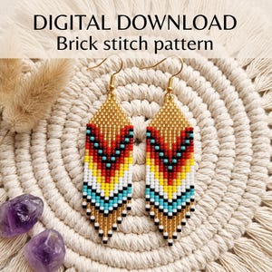 May include: A pair of beaded earrings featuring a geometric brick stitch pattern in gold, red, yellow, white, black, and turquoise. The earrings have gold-tone metal hooks. The text DIGITAL DOWNLOAD Brick stitch pattern is visible.