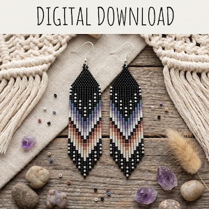 May include: Black beaded earrings with a chevron pattern in shades of purple, peach, and white. The earrings are displayed on a wooden surface with decorative elements, including crystals and beads. The text "DIGITAL DOWNLOAD" is at the top.