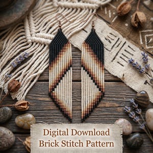 May include: A pair of beaded earrings with a geometric design. The earrings are black at the top, transitioning to tan and brown, and ending in a cream colour. The earrings are hanging on copper-coloured hooks. The image also includes the text "Digital Download Brick Stitch Pattern."