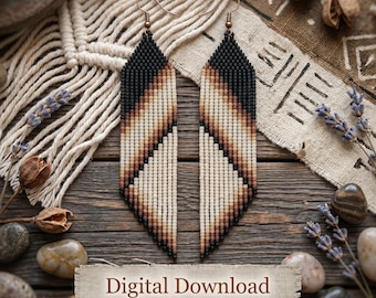 May include: A pair of beaded earrings with a geometric design. The earrings are black at the top, transitioning to tan and brown, and ending in a cream color. The earrings are hanging on copper-colored hooks. The image also includes the text "Digital Download Brick Stitch Pattern."