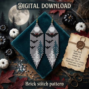 May include: Digital download of a brick stitch pattern for earrings. The earrings feature a design with a full moon, bats, and a forest. The earrings are gray, white, and teal. The text "DIGITAL DOWNLOAD" and "Brick stitch pattern" are visible.