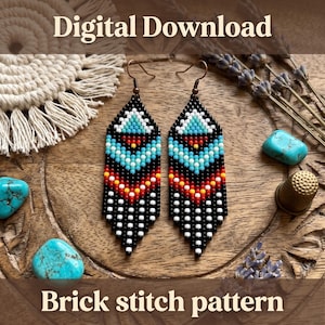 May include: A pair of diamond-shaped beaded earrings featuring a geometric pattern in black, white, turquoise, red, and orange. The earrings hang from bronze-toned hooks and display a brick stitch design with a fringe of black and white beads.