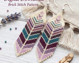 May include: Two beaded feather earrings in shades of purple, teal, and cream. The earrings are made with a brick stitch pattern and have silver-colored ear wires. The image also includes the text "Digital Download Brick Stitch Pattern".