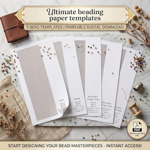 May include: Five white paper templates for bead weaving with grid patterns for Loom, Peyote, and Brick stitch techniques. Each sheet includes technical specifications like width, height, bead size, and total bead counts for digital download.