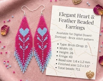 Pink & Blue Heart Feather Beaded Earrings Brick Stitch Pattern (PDF Digital Download), Valentine's Day Love Beading