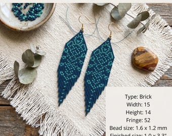 May include: A pair of long, pointed earrings made of dark blue and teal beads in a geometric brick stitch pattern. Text reads: Digital Download: Brick Stitch Pattern. Type: Brick, Width: 15, Height: 14, Fringe: 52, Bead size: 1.6 x 1.2 mm, Finished size: 2.5 x 8.4 cm, Total beads: 675.